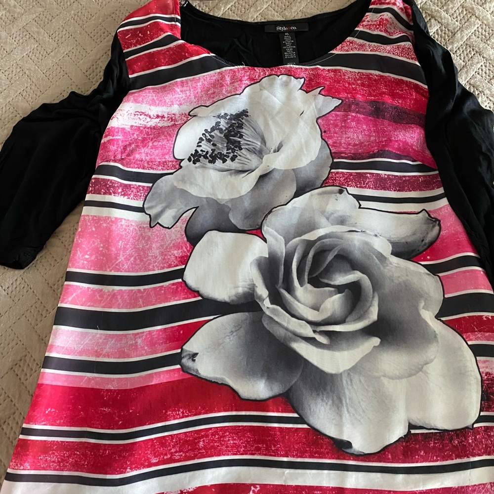 Red, pink, white striped top with roses